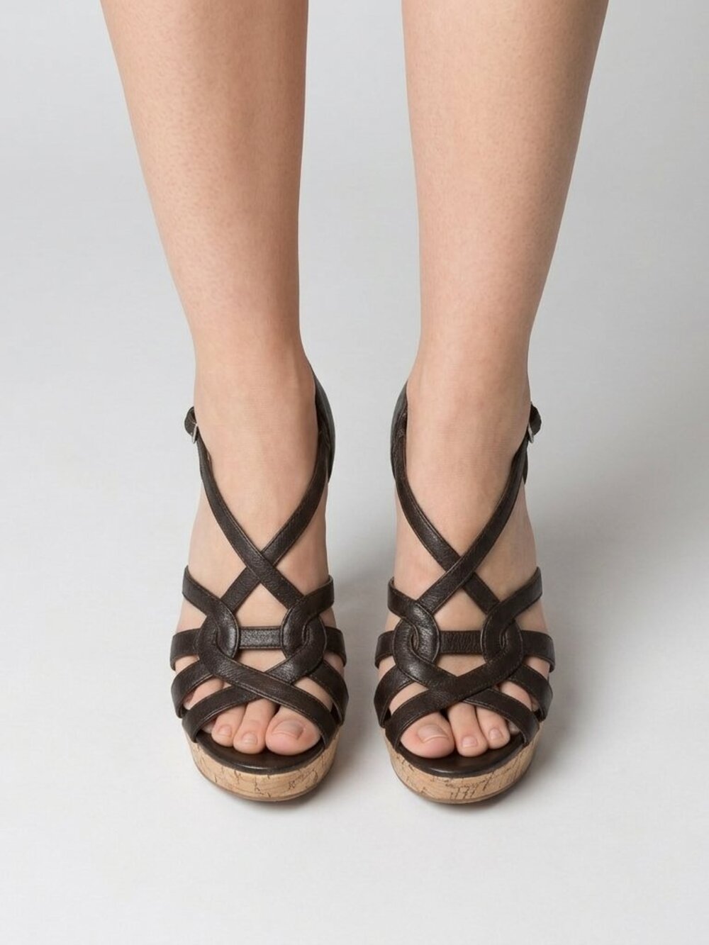 Free Press Womens Espresso Brown Strappy Cork Wedge Sandal Leather Y2K Size 6M